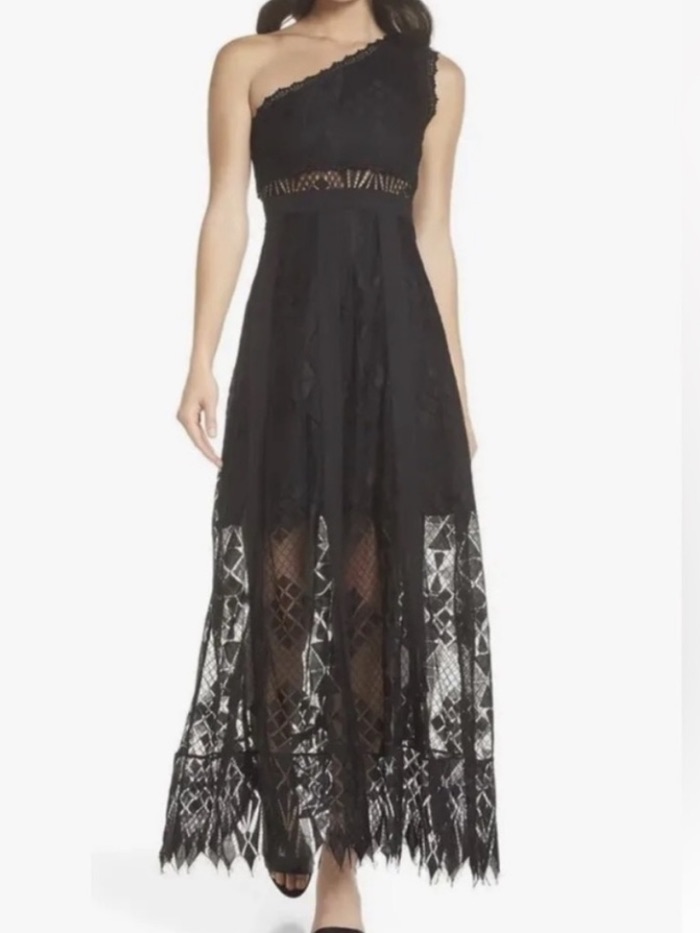 Foxiedox Black One-Shoulder Lace Maxi Dress Size S